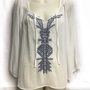 White Sheer Top with Blue Embroidery